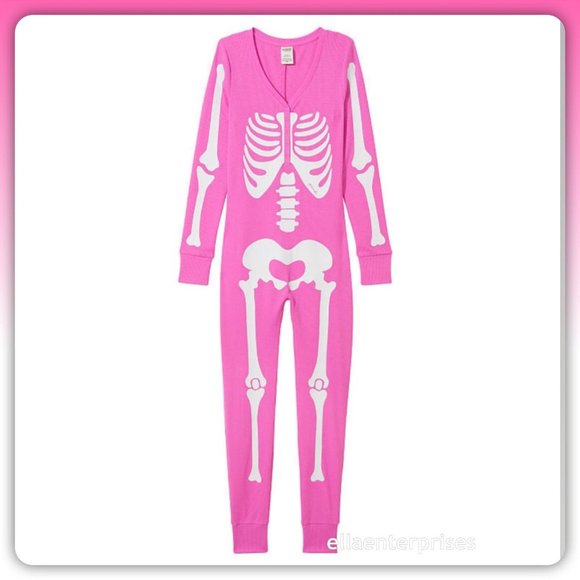 VS Pink XXL Pink Berry Halloween Skeleton Onesie Thermal Long Jane - Picture 1 of 4